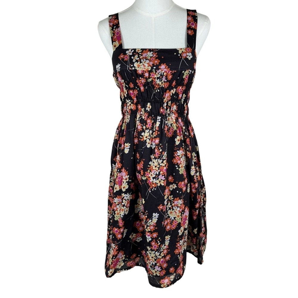 Gap Floral Sundress Women 6 Black Smocked Square‎ Neck Cottagecore Boho Feminine